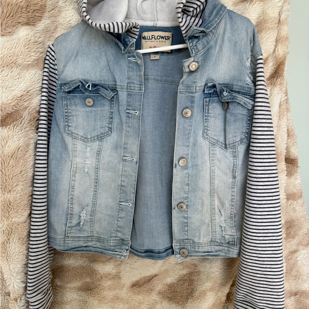 Wallflower Light Blue Denim Jacket with Striped Sleeves